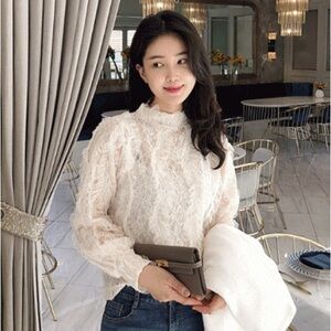 Lace High-Neck Women’s Top in Cream Korean brand Benito